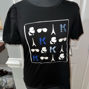 NWT, KARL LAGERFELD, 100% COTTON, WOMENS DESIGNER, BLACK T-SHIRT     Size: S